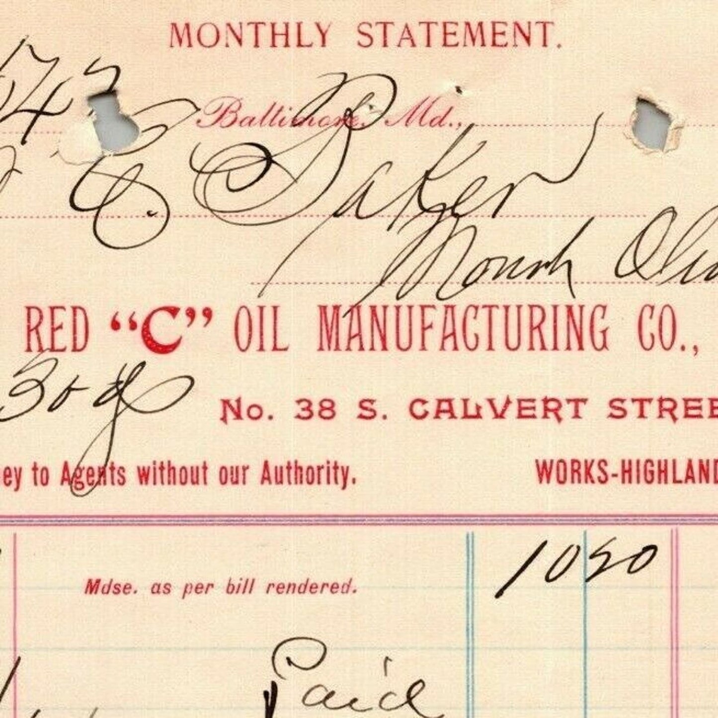 1897 Letterhead Statement Red "C" Oil Mfg. Co. Baltimore - Ephraim Baker*