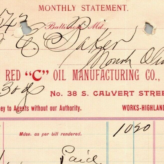 1897 Letterhead Statement Red "C" Oil Mfg. Co. Baltimore - Ephraim Baker*