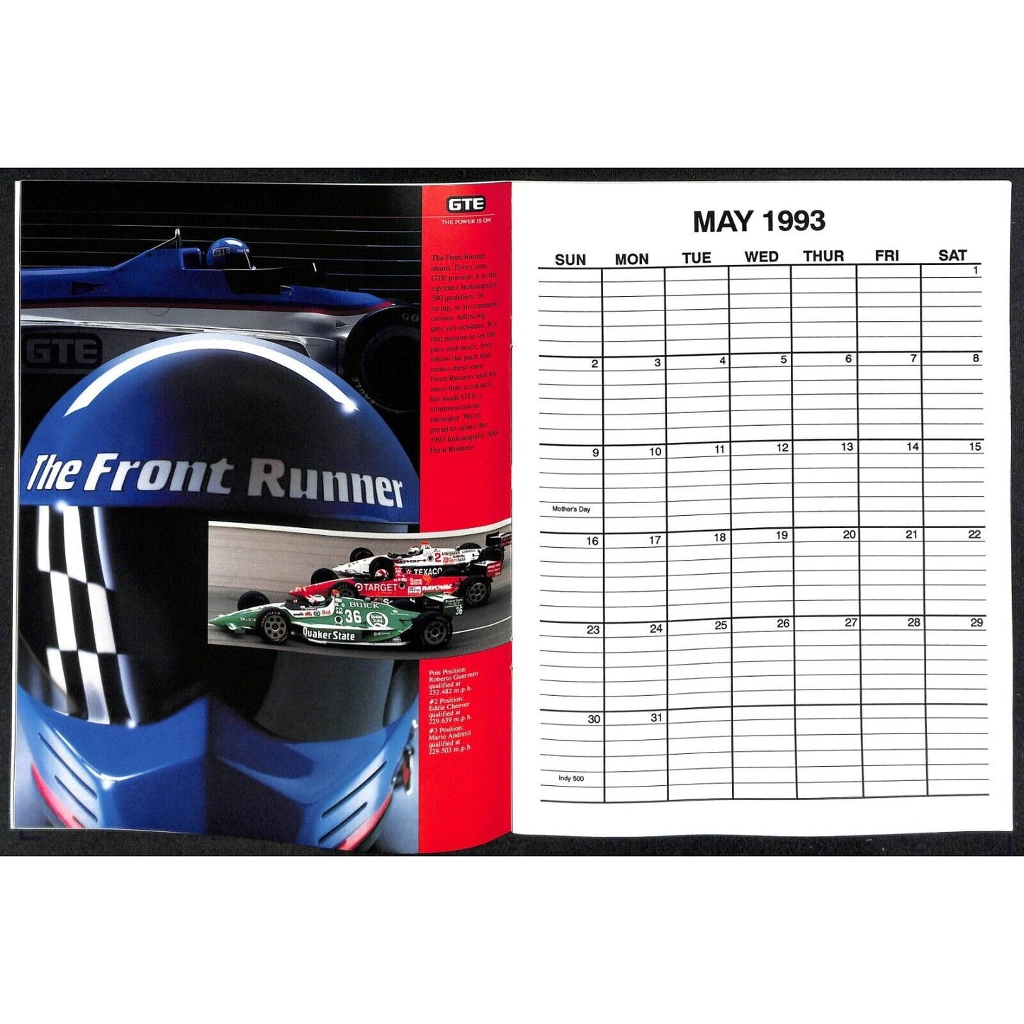 1993 Indy 500 PPG CDA Championship Drivers Assoc. Calendar w/ Bobby Rahal