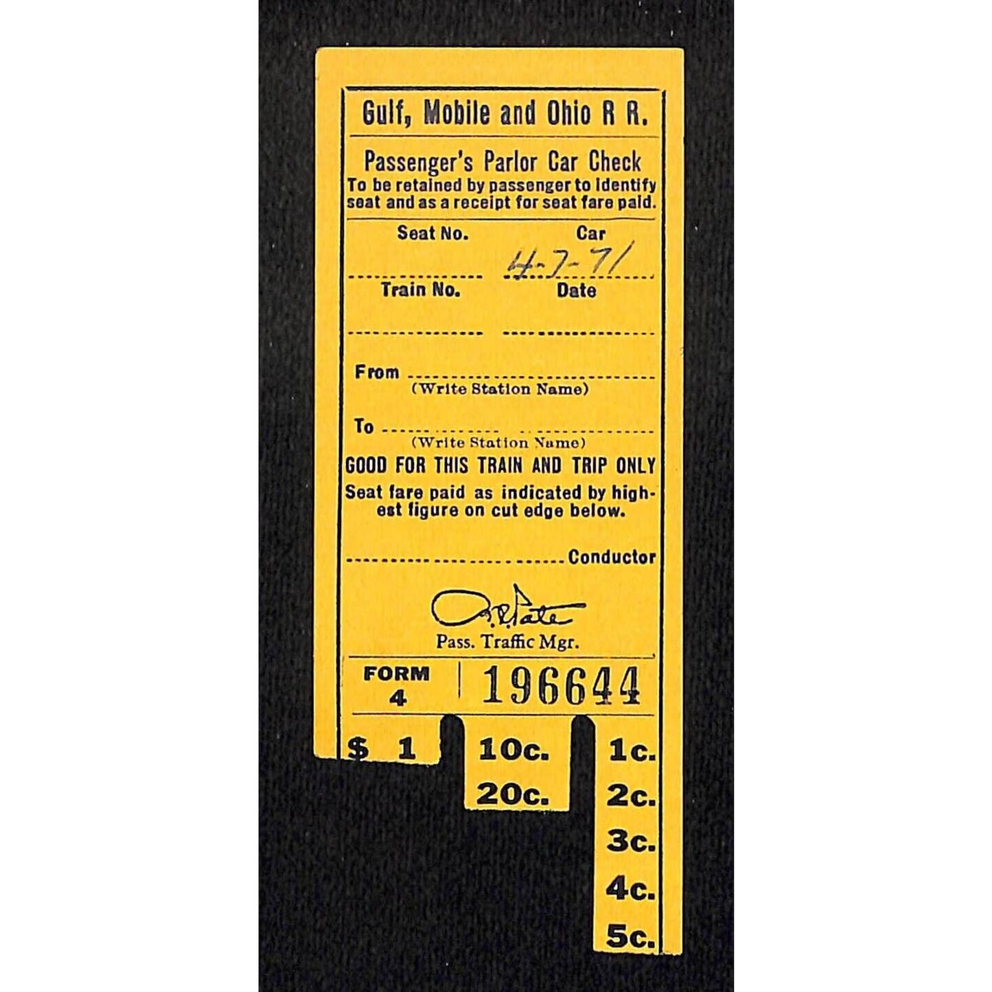 Gulf, Mobile and Ohio Railroad 1971 Parlor Car Check / Ticket #196644