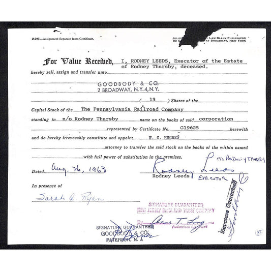 1963 Pennsylvania Railroad Executor / Stock Transfer Document - Thursby