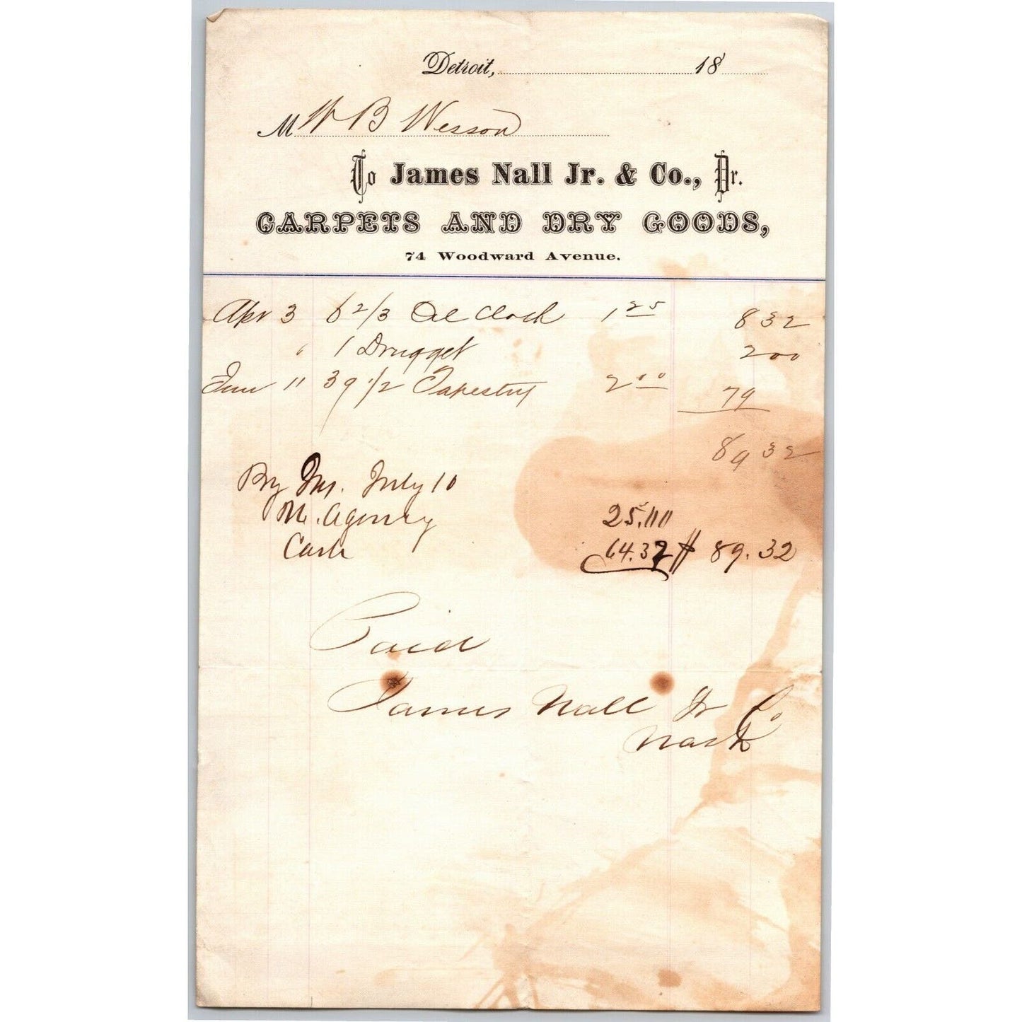 Detroit Letterhead James Nall Jr. & Co. - Carpets and Dry Goods - c1870