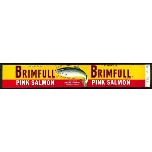 Brimfull Pink Salmon Paper Can Label Lakeland Grocery Minneapolis c1935-40's VGC