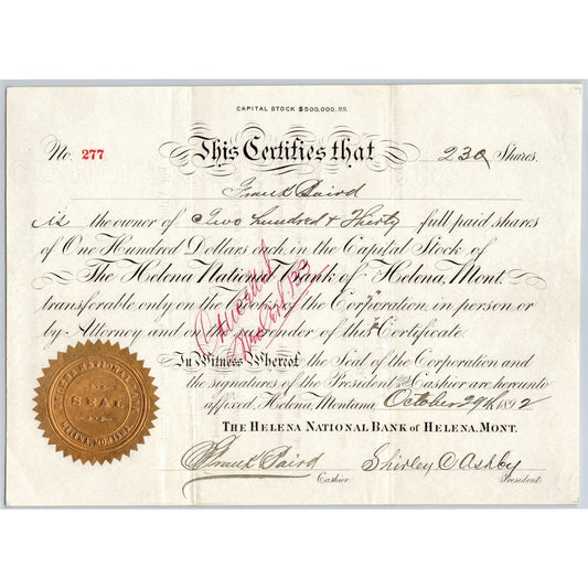 Helena National Bank, Montana 1892 Stock Certificate Cert# 277 for 230 Shares