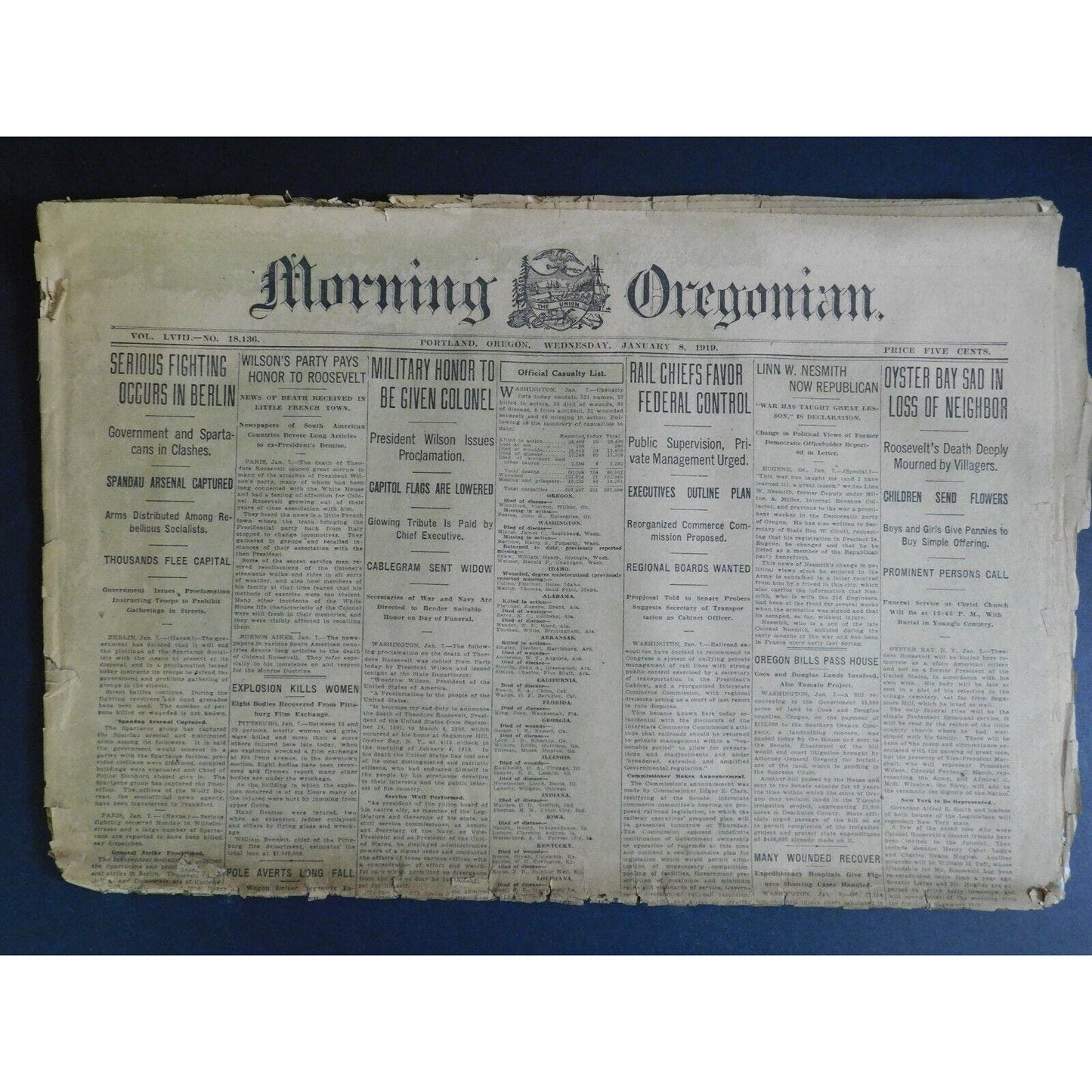 WWI Era Newspaper - Morning Oregonian - Jan 8 1919 - 19 pgs.