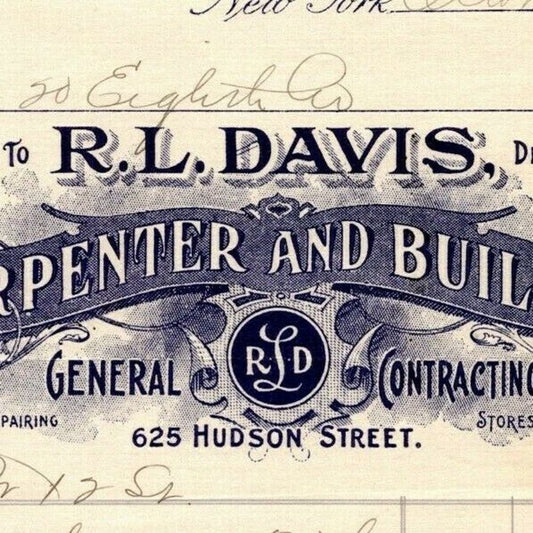 1905 "R. L. Davis, Carpenter and Builder" Billhead Letterhead Hudson St NYC