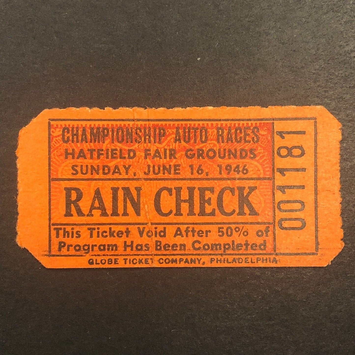 Hatfield Fair Grounds 1948 Stock Cars Auto Racing Bill Baker Rain Check Ticket