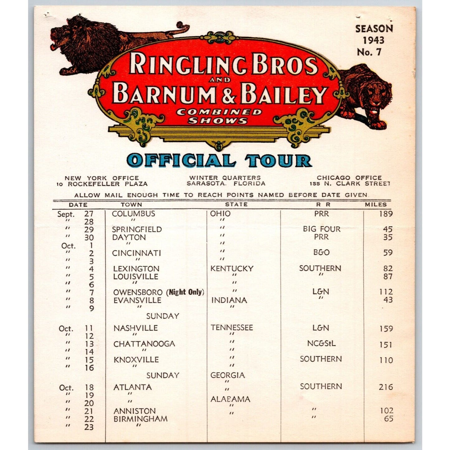 1943 Ringling Bros Barnum & Bailey Circus Route Card Columbus Springfield Dayton
