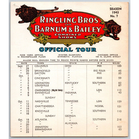 1943 Ringling Bros Barnum & Bailey Circus Route Card Columbus Springfield Dayton