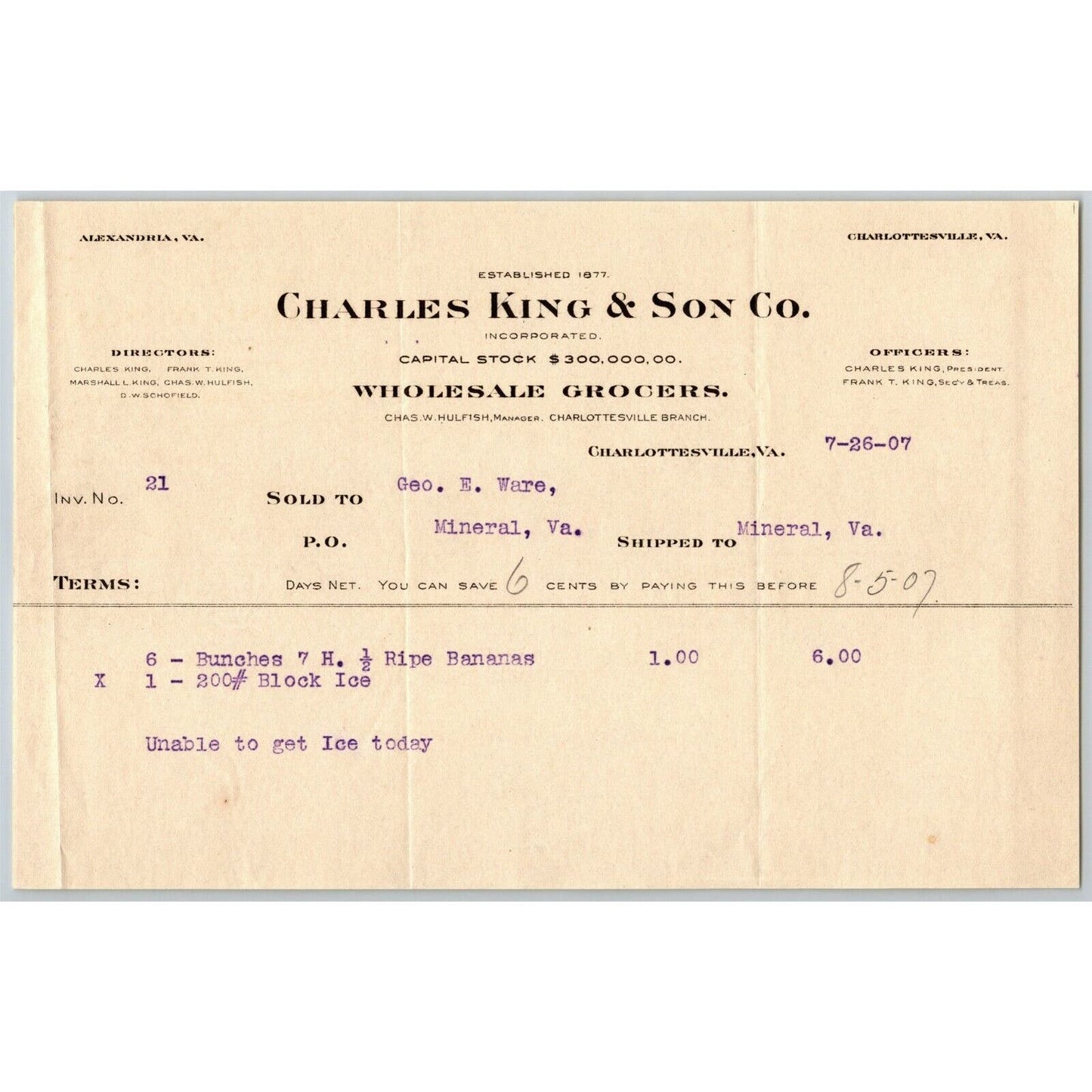 1907 Scarce Chas. King & Son Grocer Letterhead Charlottesville, VA Chas. Hulfish