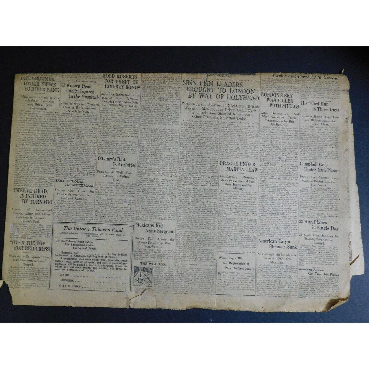 WWI Era Newspaper - The Evening Union (Springfield, MA) - May 20 1918 - 4 pgs.