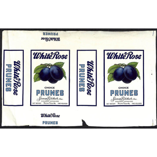 1931 Paper Box Label White Rose Choice Prunes Seeman Brothers New York