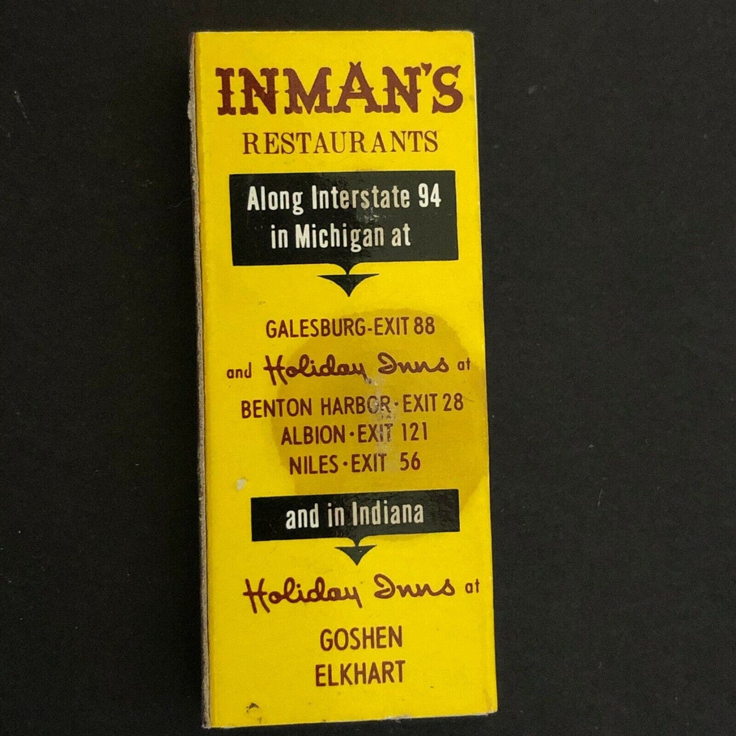 c1960's-70's Wooden Matchbox Matchbook - Inman's Restaurants Galesburg, MICH