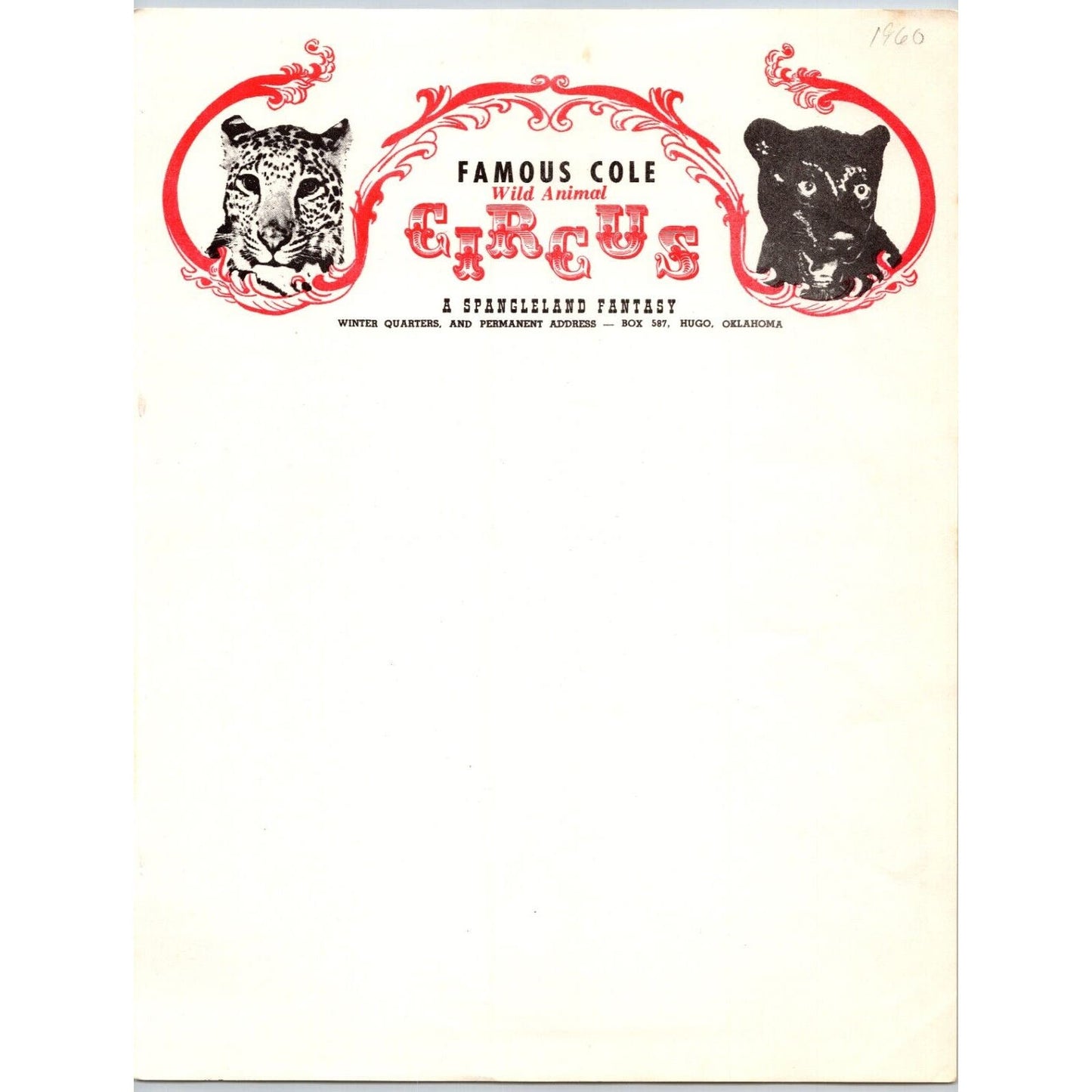 Famous Cole Wild Animal Circus Letterhead c1961 Hugo, OK Panther Scarce