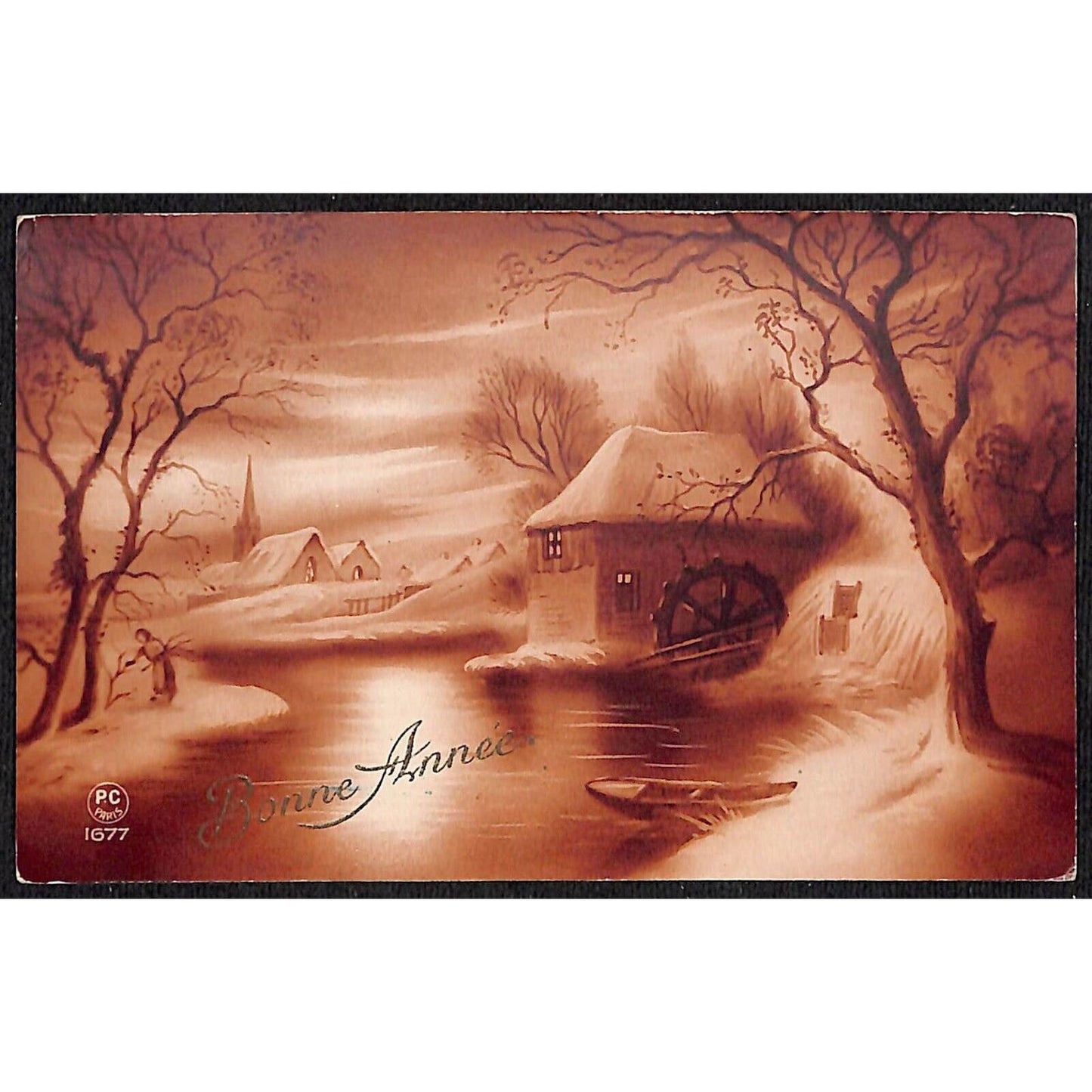 French New Years Postcard "Bonne Annee" Outdoor Village Scene PM 1925