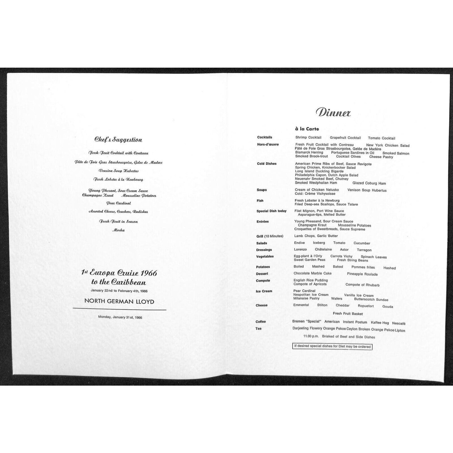 1966 North German Lloyd Europa Cruise Line Dinner Menu Jan 31