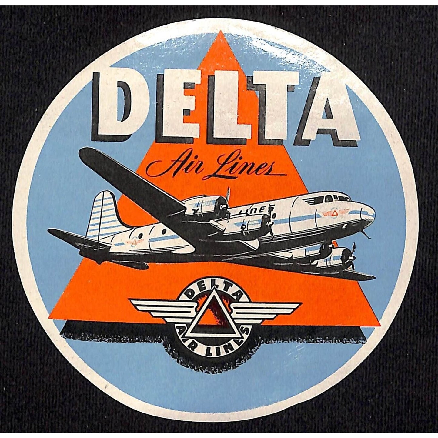 Delta Air Lines Luggage Label 3 7/8" Prop Plane c1940's