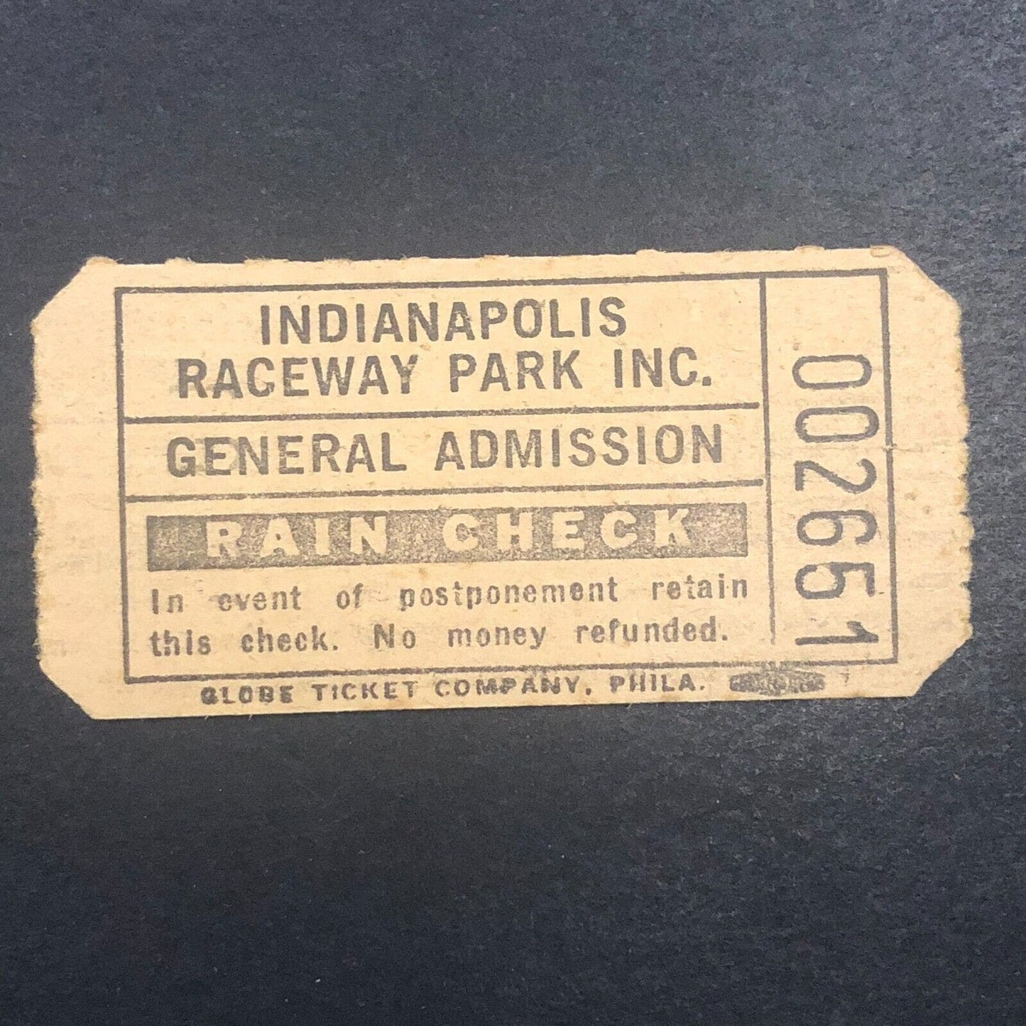 Indianapolis Raceway Park Auto Racing Rain Check Ticket c1960's #2651