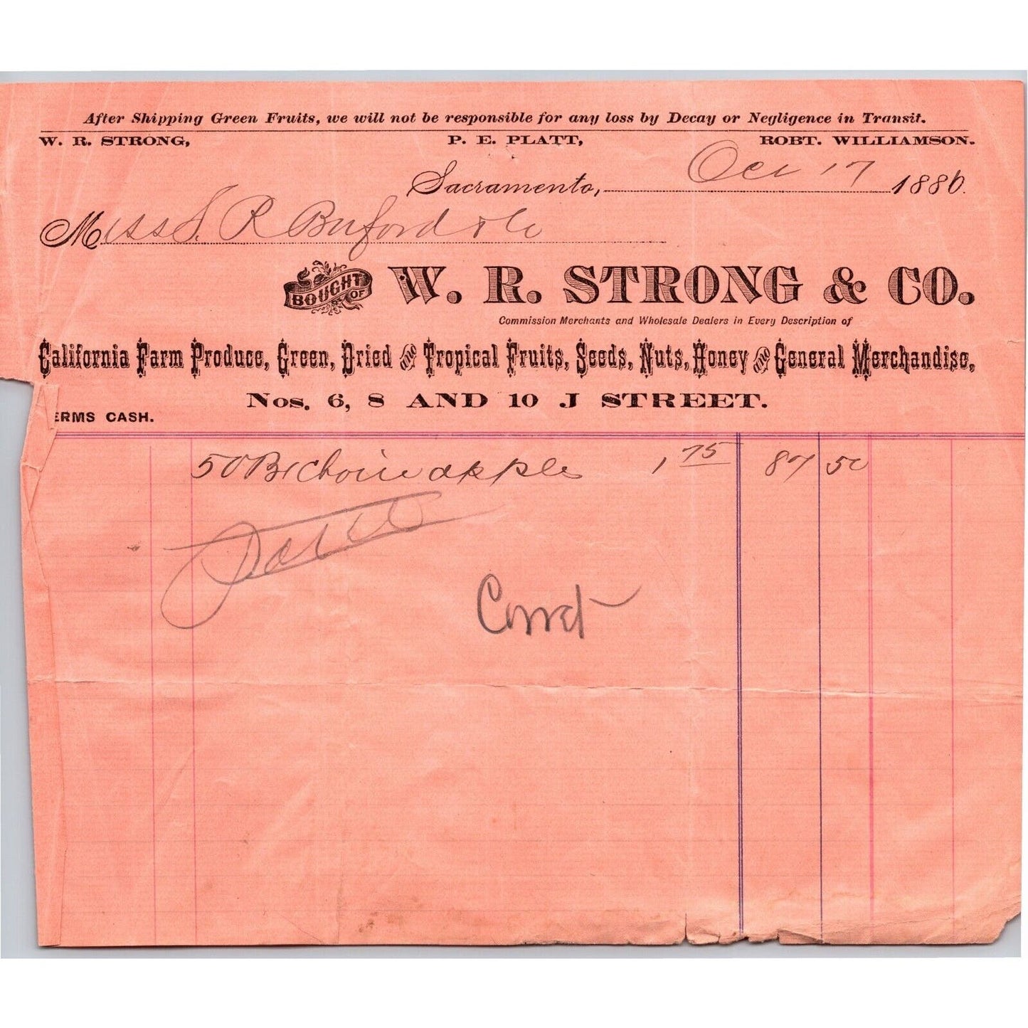 1881 W.R. Strong & Co. Farm Produce Sacramento Letterhead S.R. Buford Montana