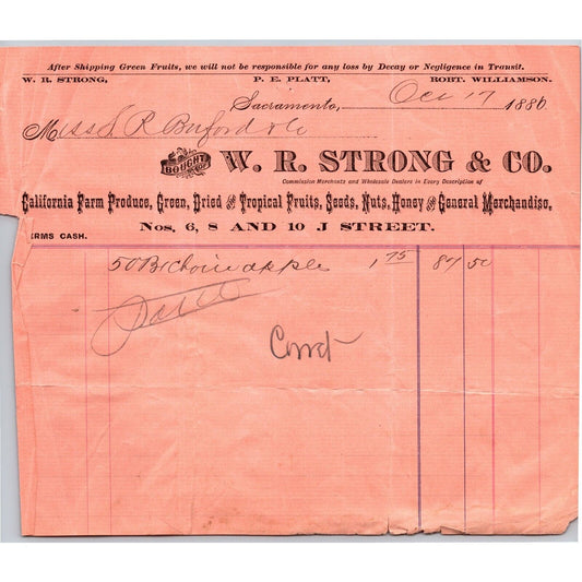 1881 W.R. Strong & Co. Farm Produce Sacramento Letterhead S.R. Buford Montana