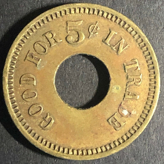 21.19mm Vintage Brass Donut "Good For 5c In Trade" Token 41925 - Fauver Coll.