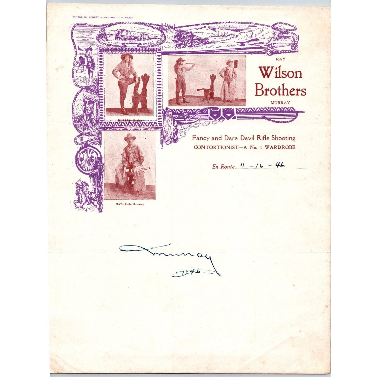 Wilson Brothers Dare Devil Rifle Shooting Contortionist Circus Letterhead c1946