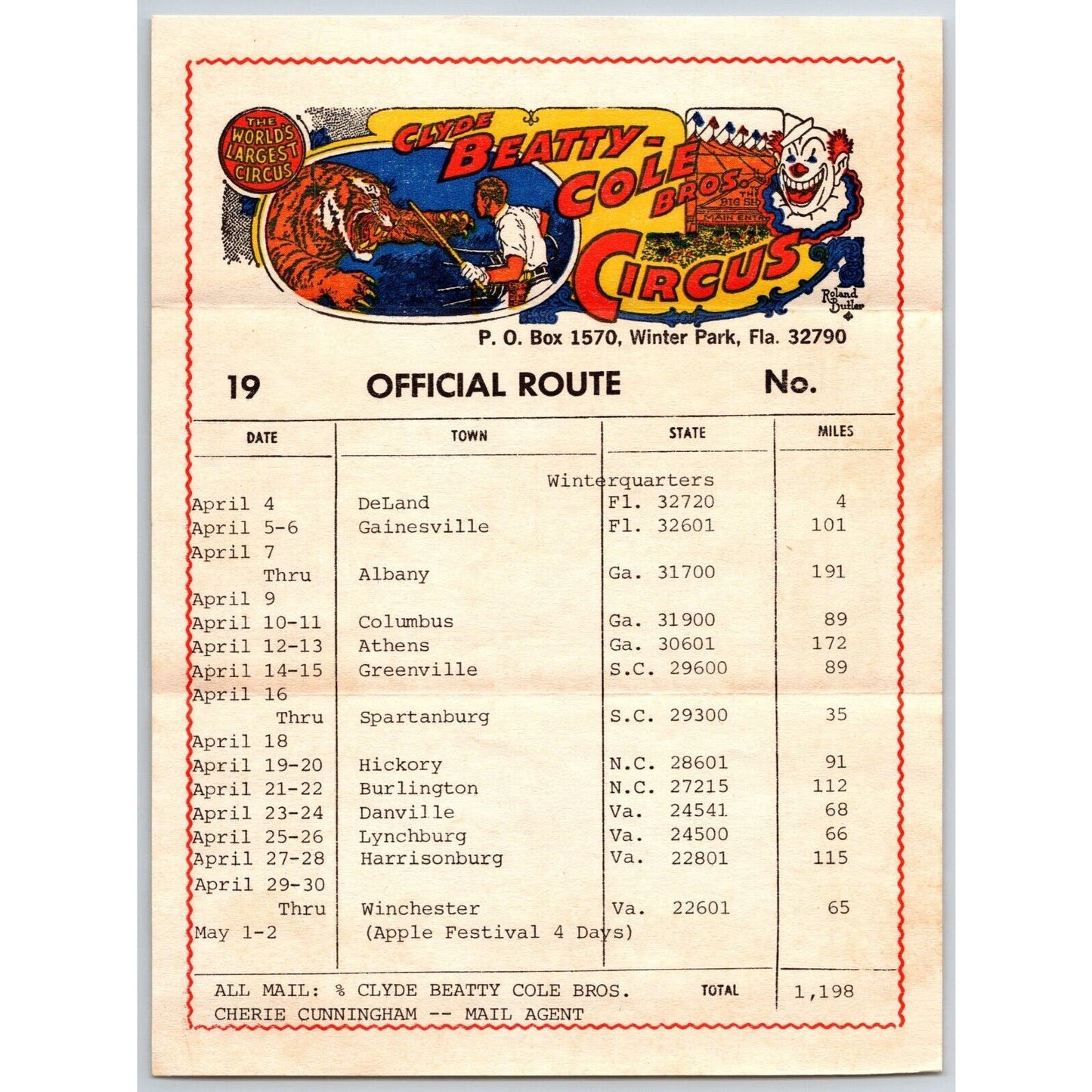 Beatty Cole Bros. Circus c1981 Route Card w/ FL, GA, SC, NC, VA Stops