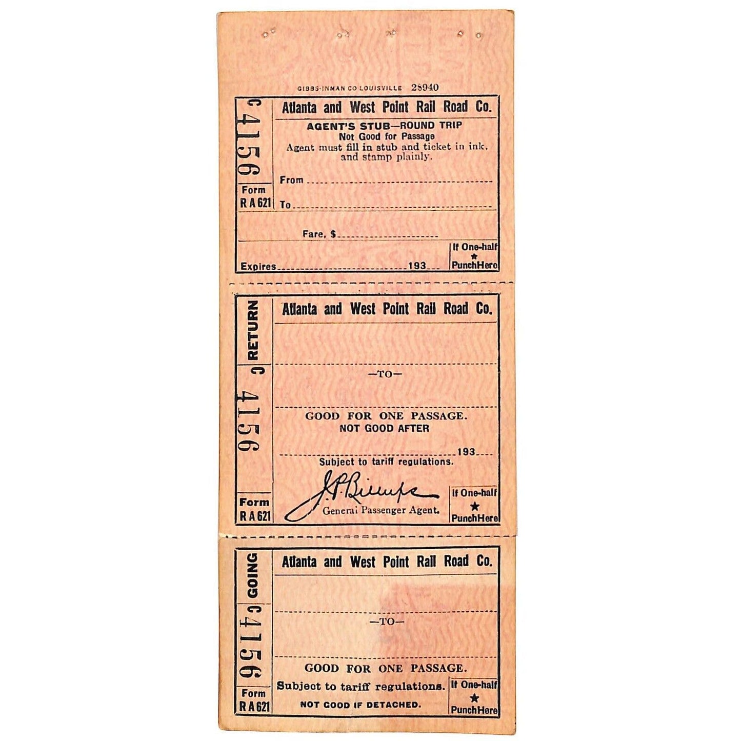 Atlanta and West Point Rail Road Co. Unused Void Ticket c1930's-40's