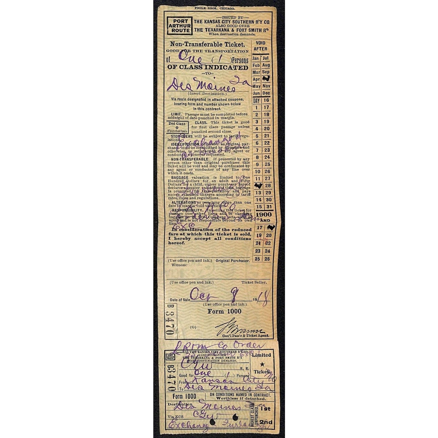 1918 Kansas City Southern Railway Port Arthur Route Ticket #3470 - 10"L