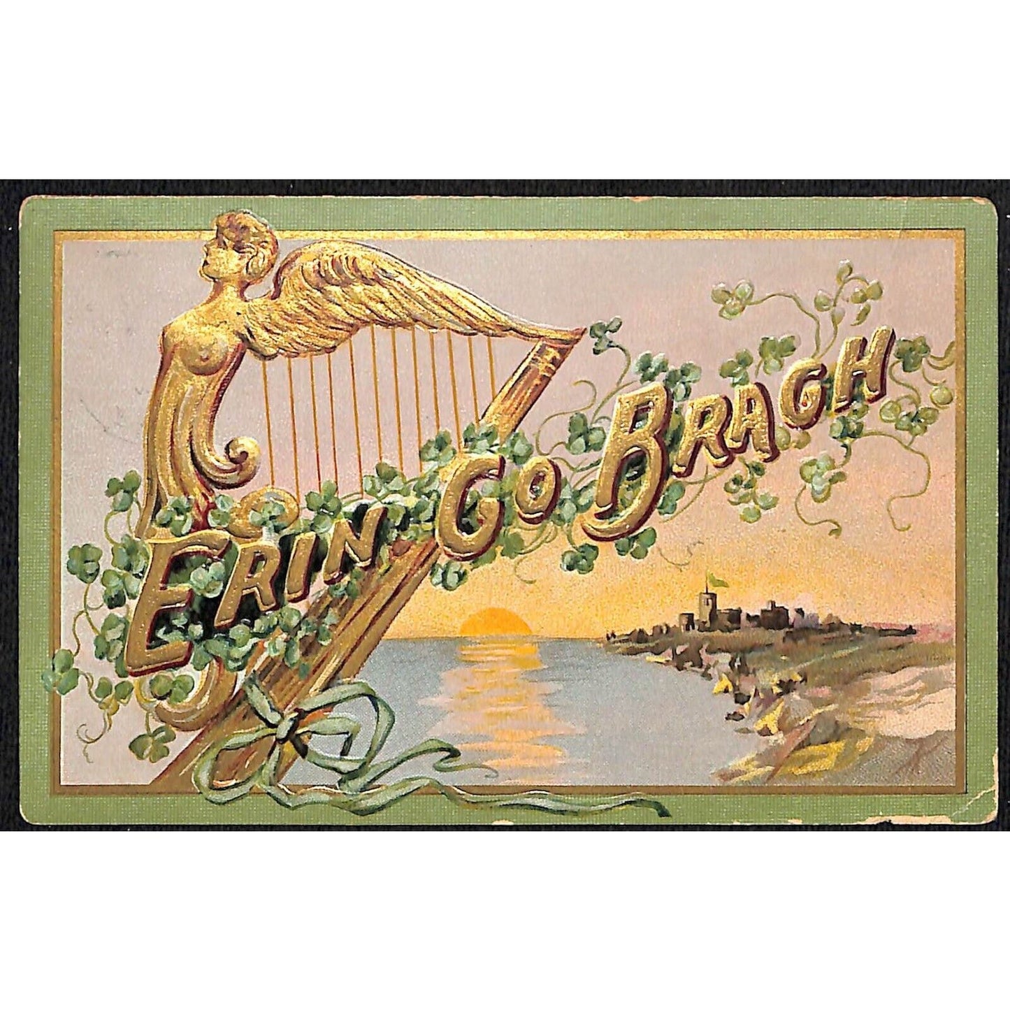 Ireland Tuck Postcard Erin Go Bragh Harp Embossed Gilt PM 1909