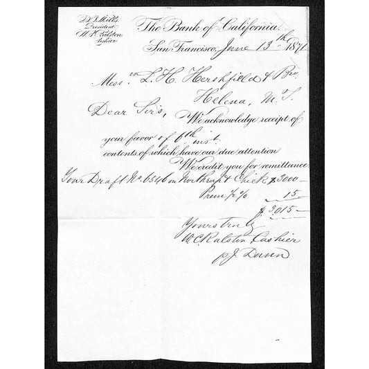 Bank of California San Francisco 1871 Helena, MT / New York Document $3000