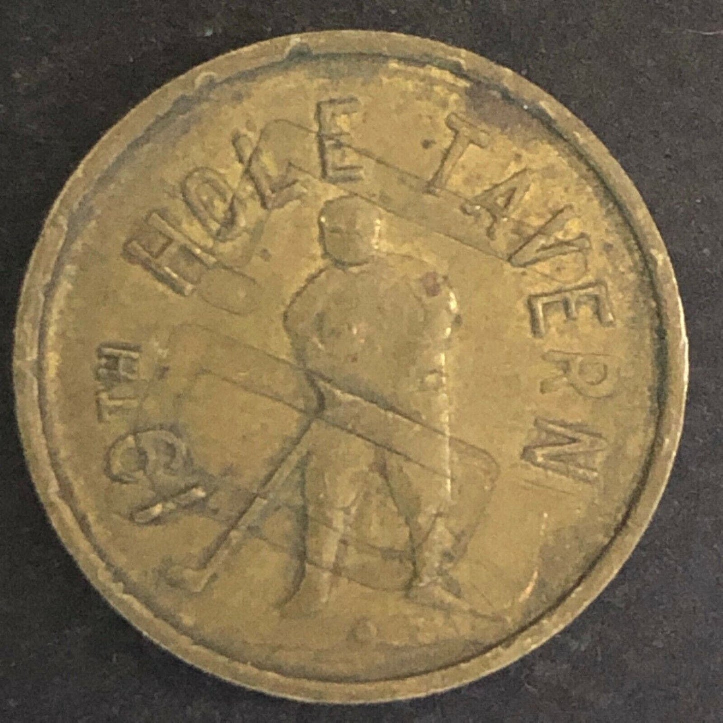 Vintage 20mm Brass "19th Hole Tavern" w/Golfer w/ Overstamp? Token
