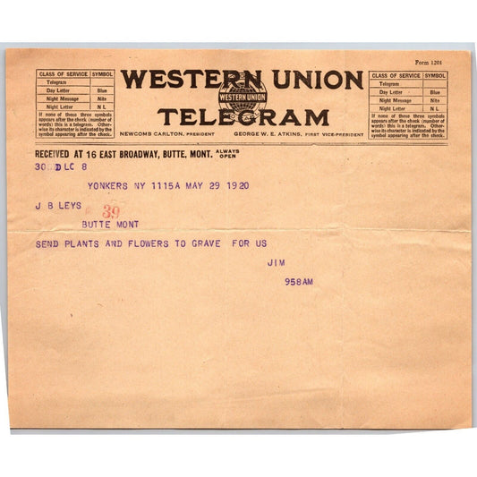 "Leys" Jewelers Butte, MT 1920 Western Union Telegram re: Flowers to Grave