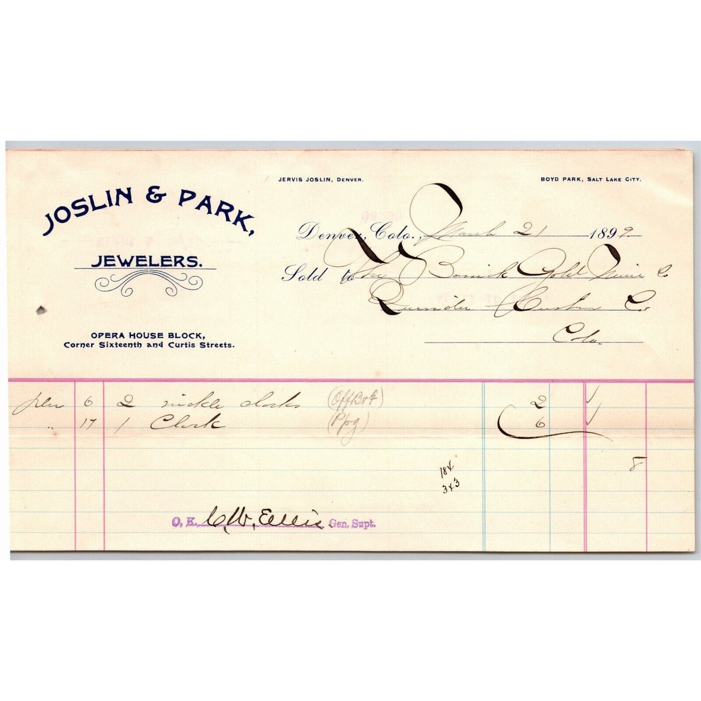 1899 Denver, CO Joslin & Park Jewelers Letterhead Scarce Bostwick Gold Mining