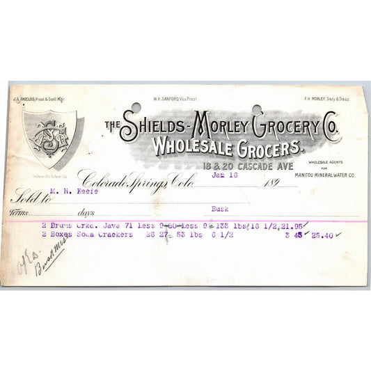 c1895 Shields-Morley Grocery Colorado Springs Letterhead M.H. Keefe "Crkc. Java"