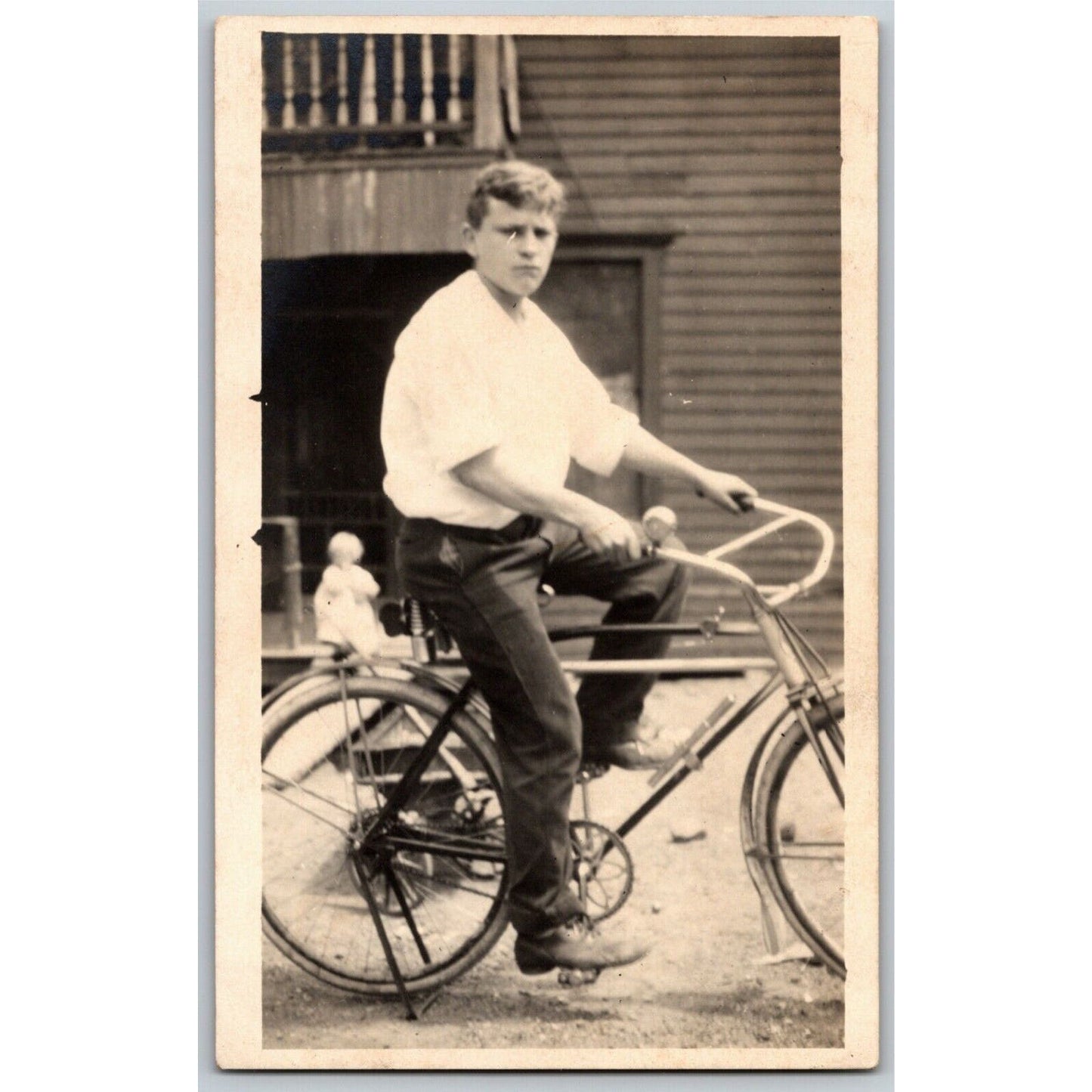 Vintage RPPC Postcard c1920 Young Man Posing Outdoors on Bicycle - Unposted