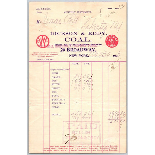 Dickson & Eddy Coal 17 Battery Place, NYC to: Isaac Post Nov. 30 1903 Billhead