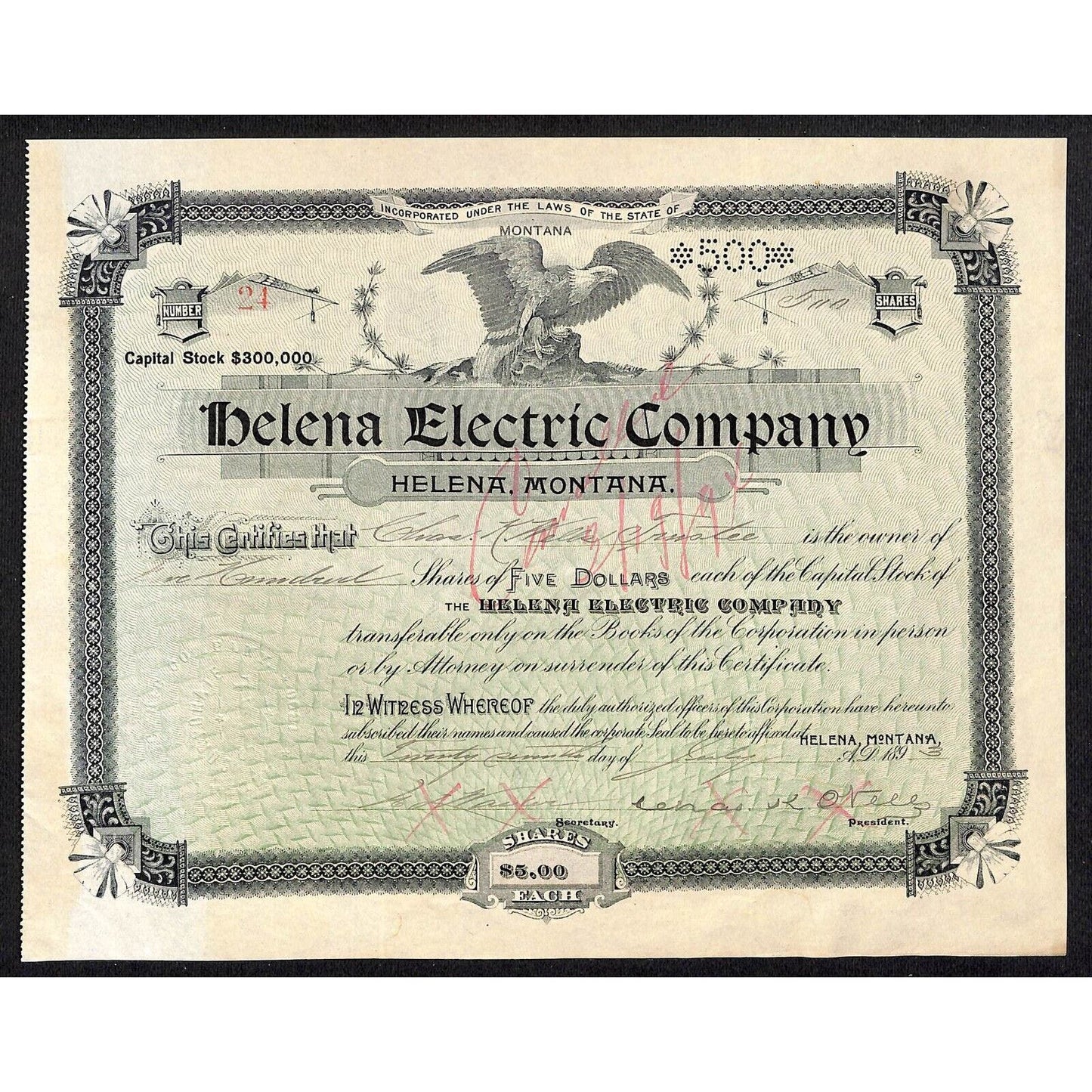 Helena Electric Company Montana 1893 Stock Certificate - 500 Shares
