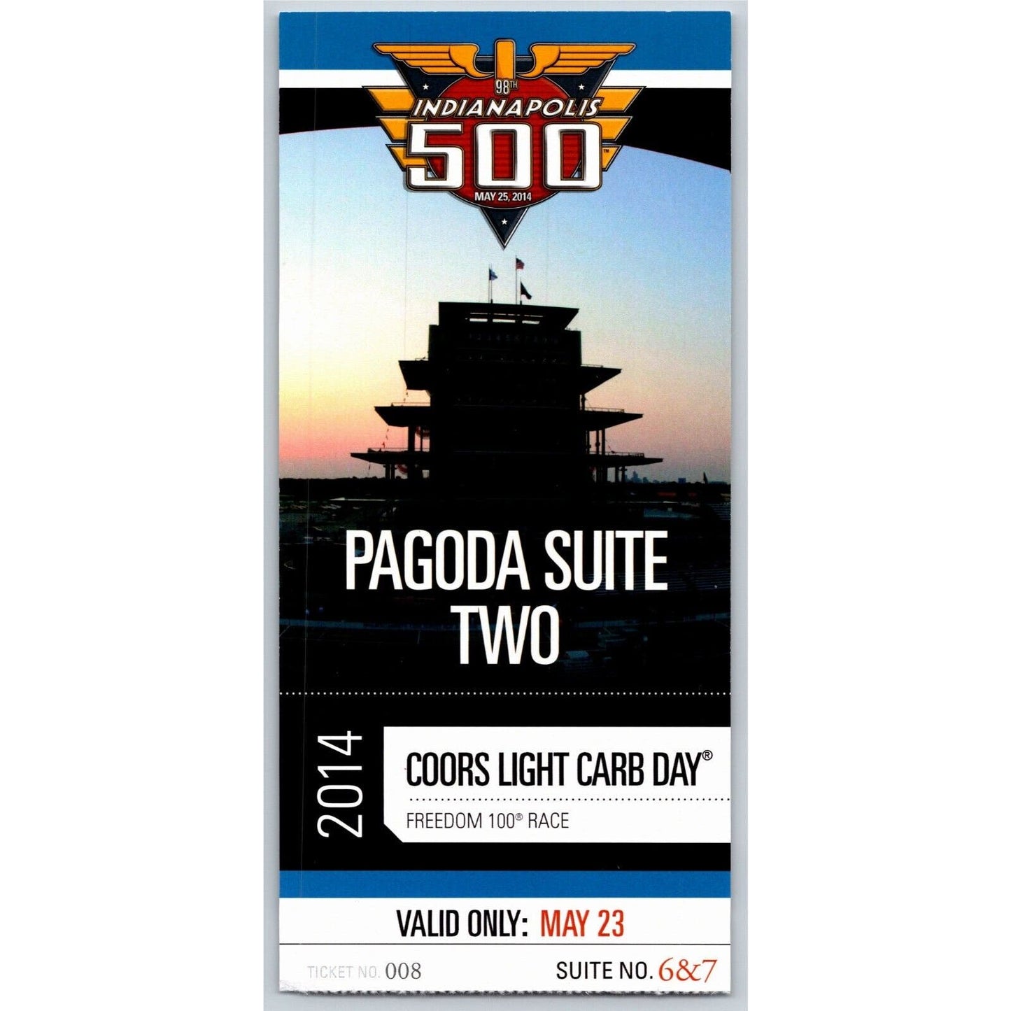 2014 Indy 500 Coors Light Carb Day 5/23 Pagoda Suite Two Ticket Stub #008