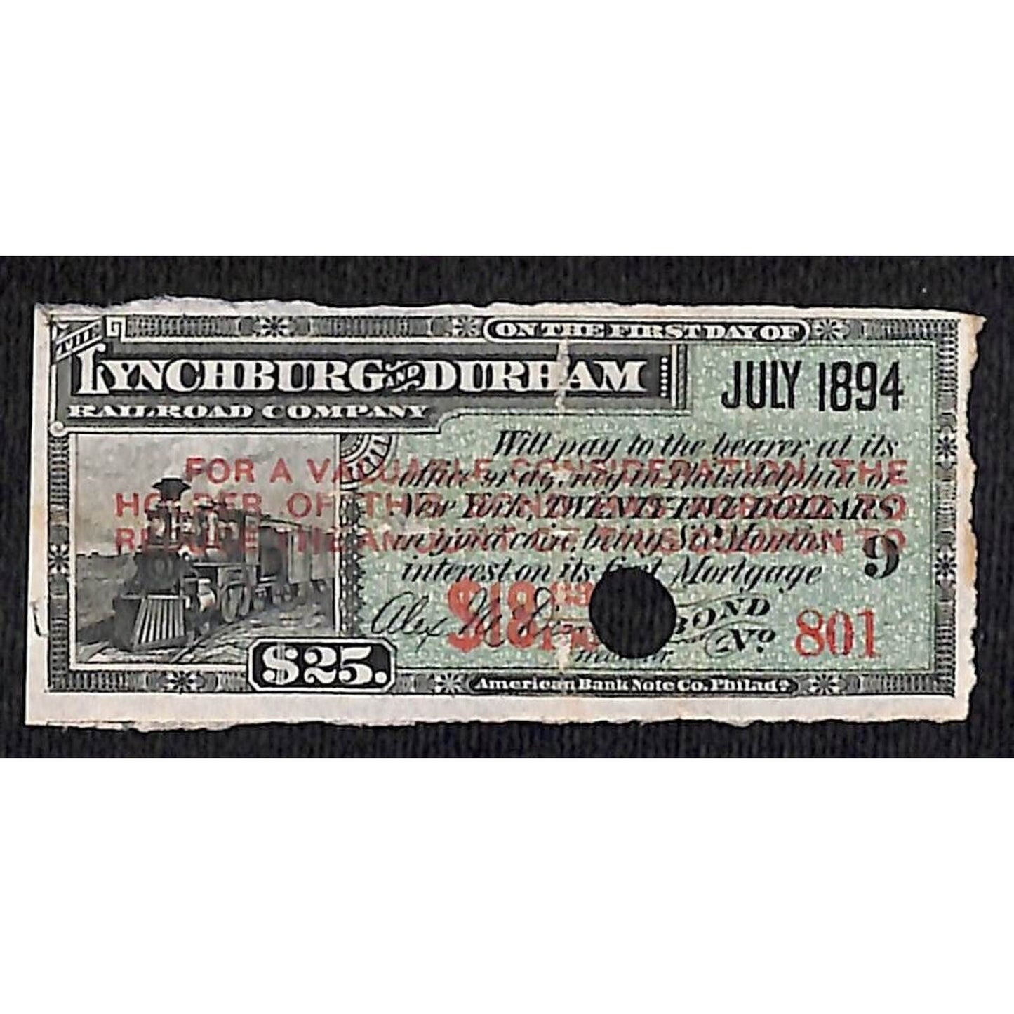 Lynchburg and Durham Railroad 1894 6 Month Bond Coupon w/ Locomotive Vignette