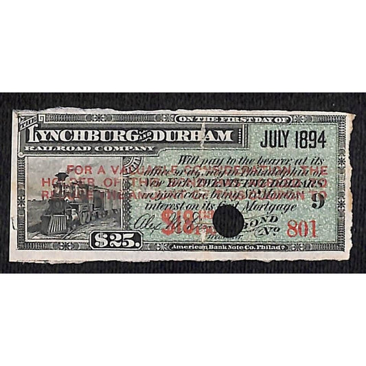 Lynchburg and Durham Railroad 1894 6 Month Bond Coupon w/ Locomotive Vignette