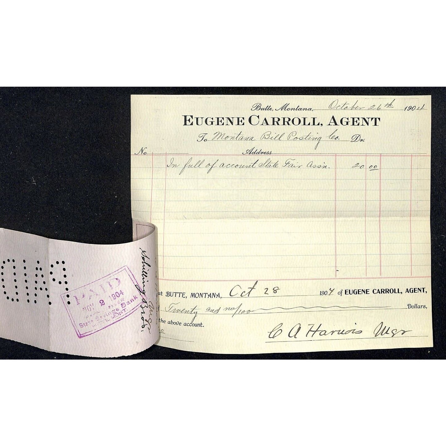 1904 Check Daly Bank & Trust Co. Butte, MT Eugene Carroll to Bill Posting Co.