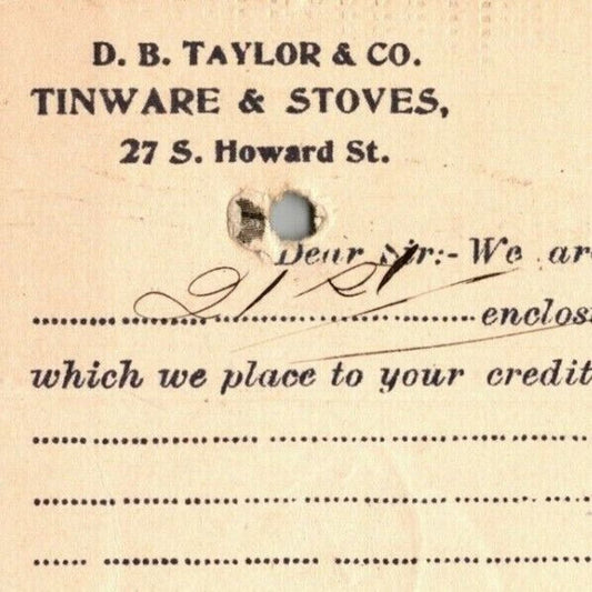 1898 Adv. Payment Conf. Postcard D.B. Taylor Tinware Stoves Baltimore E. Baker*