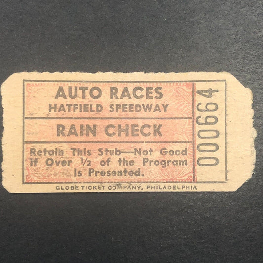 Auto Racing Hatfield Speedway Hinnershitz 1947 Rain Check / Ticket #664