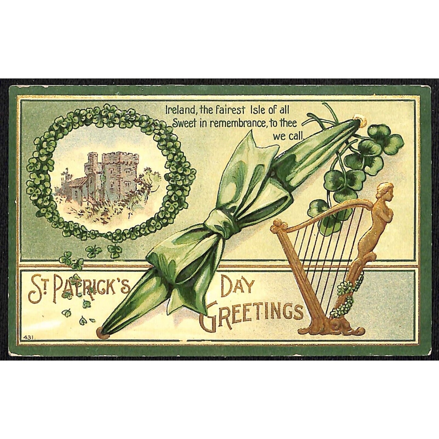 St. Patrick's Day Postcard Harp Clovers Castle Emboss w/ Gilt NP c1910-1920
