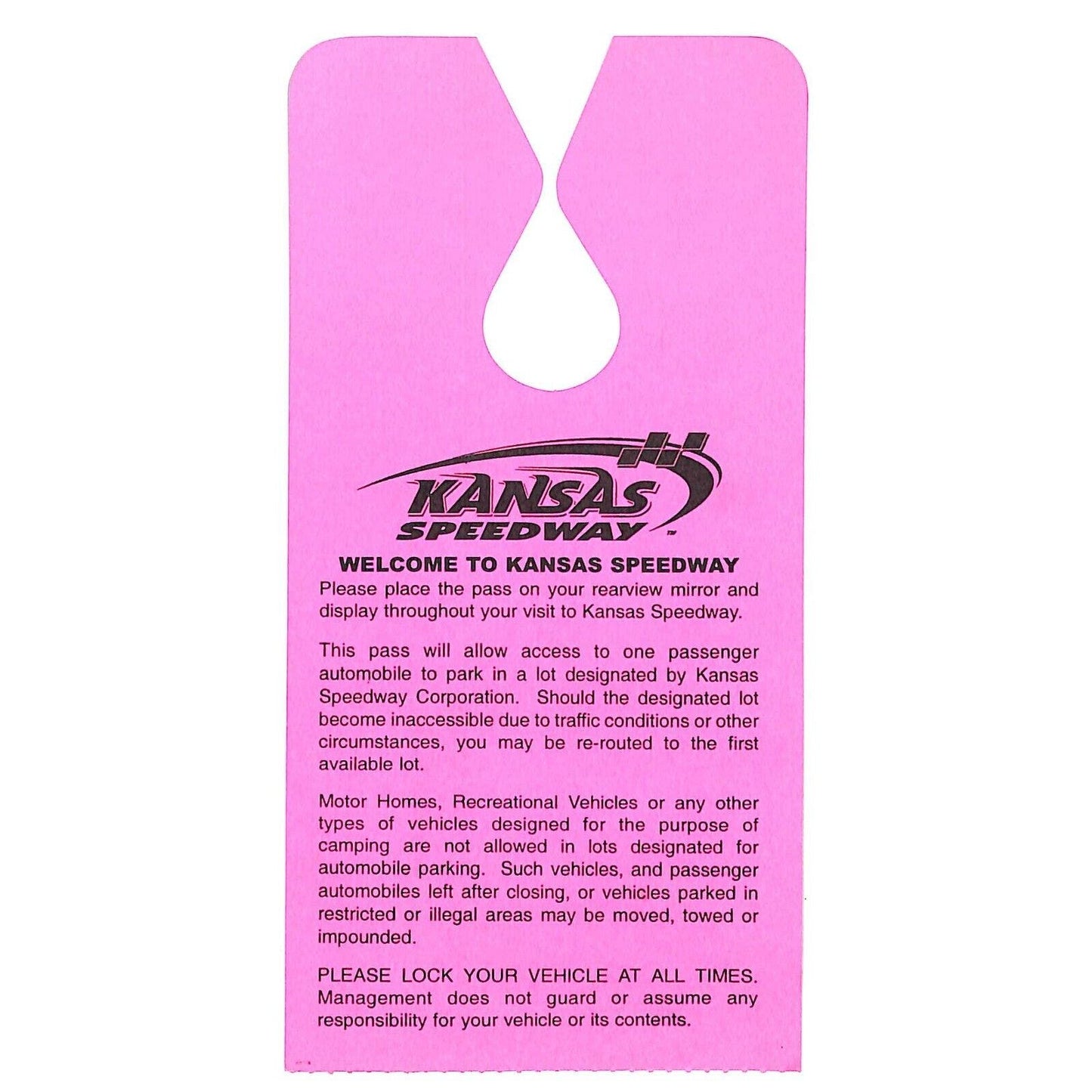 c2000 Kansas Speedway Hanging July 6-8 Control Tower Parking Pass #36 VGC