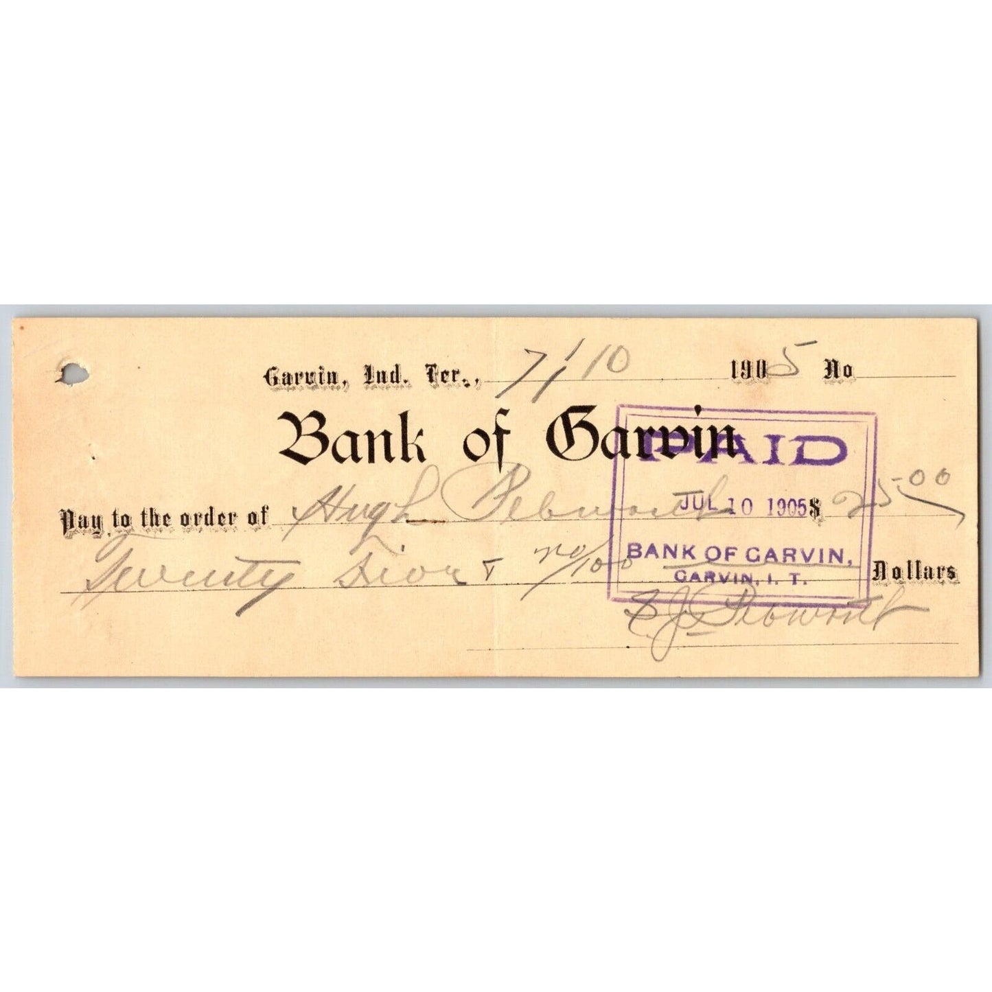 Garvin Oklahoma Indian Territory 1905 $25 Bank Check - Scarce