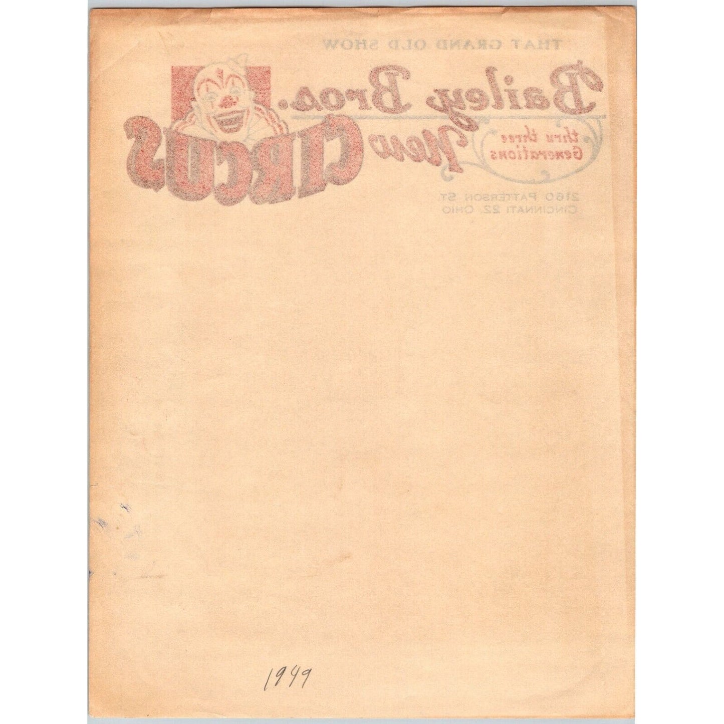 Bailey Bros. New Circus Letterhead c1949 "Thru Three Generations" Scarce