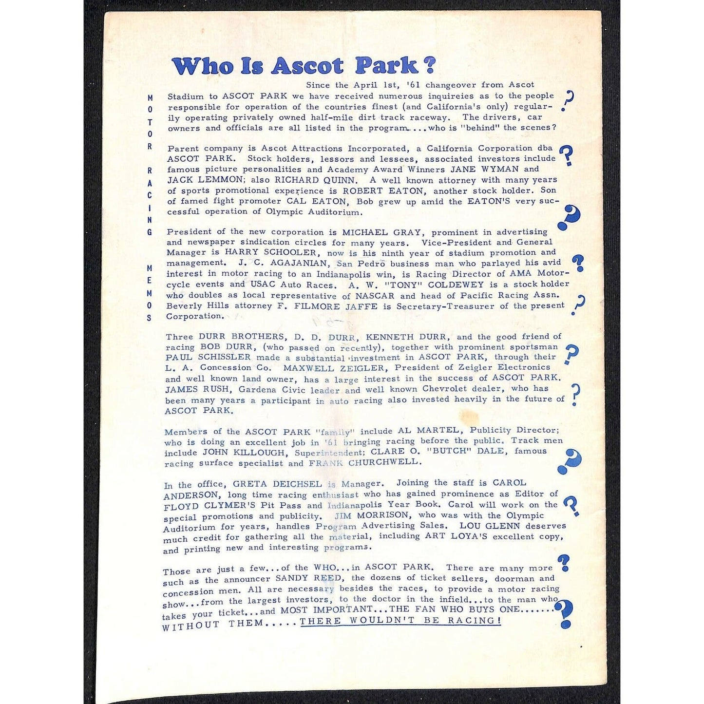 Scarce Jul 1 1961 Auto Racing CRA Big Car Program Ascot Gardena, CA 12pp
