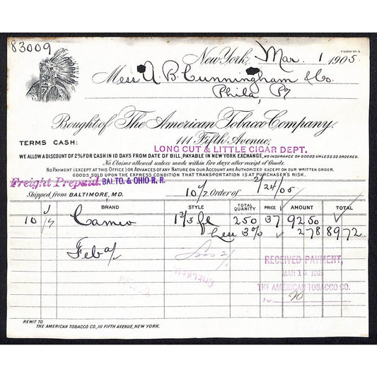 American Tobacco Co. 5th Ave NYC Cunningham Phila. 1905 Billhead w/ Indian Chief